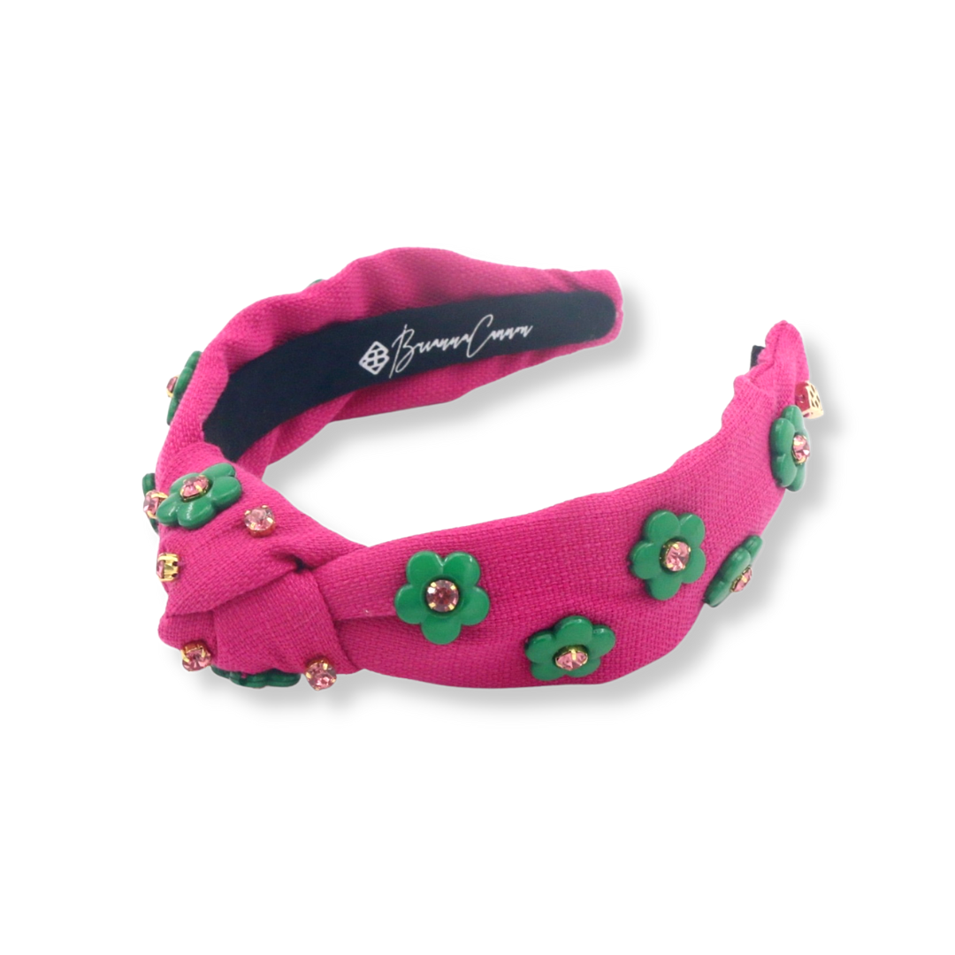 Child Size Magenta Twill Headband with Green Flowers