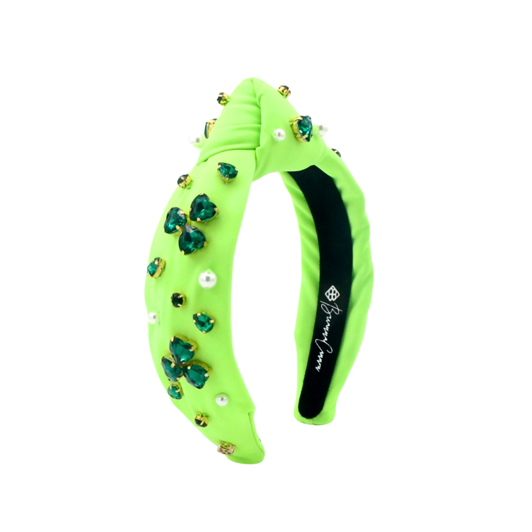 Child Size Neon Green Headband with Shamrock Crystals & Pearls