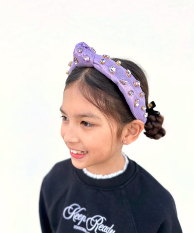 Child Size Shimmer Headband with Hand-Sewn Crystals in Purple