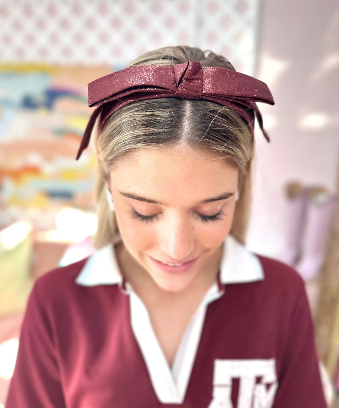 Texas A&M Maroon Thin Embroidered Ribbon Bow Headband