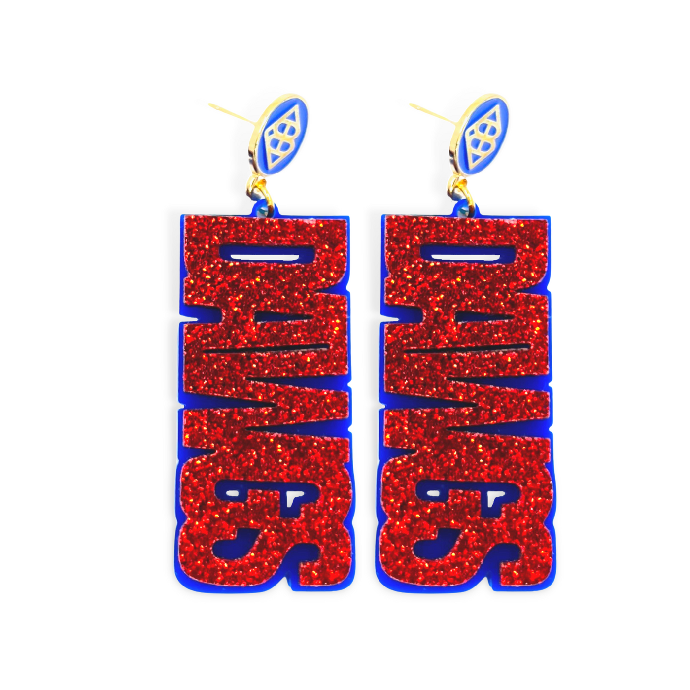 Louisiana Tech Red Glitter DAWGS Earrings over Blue