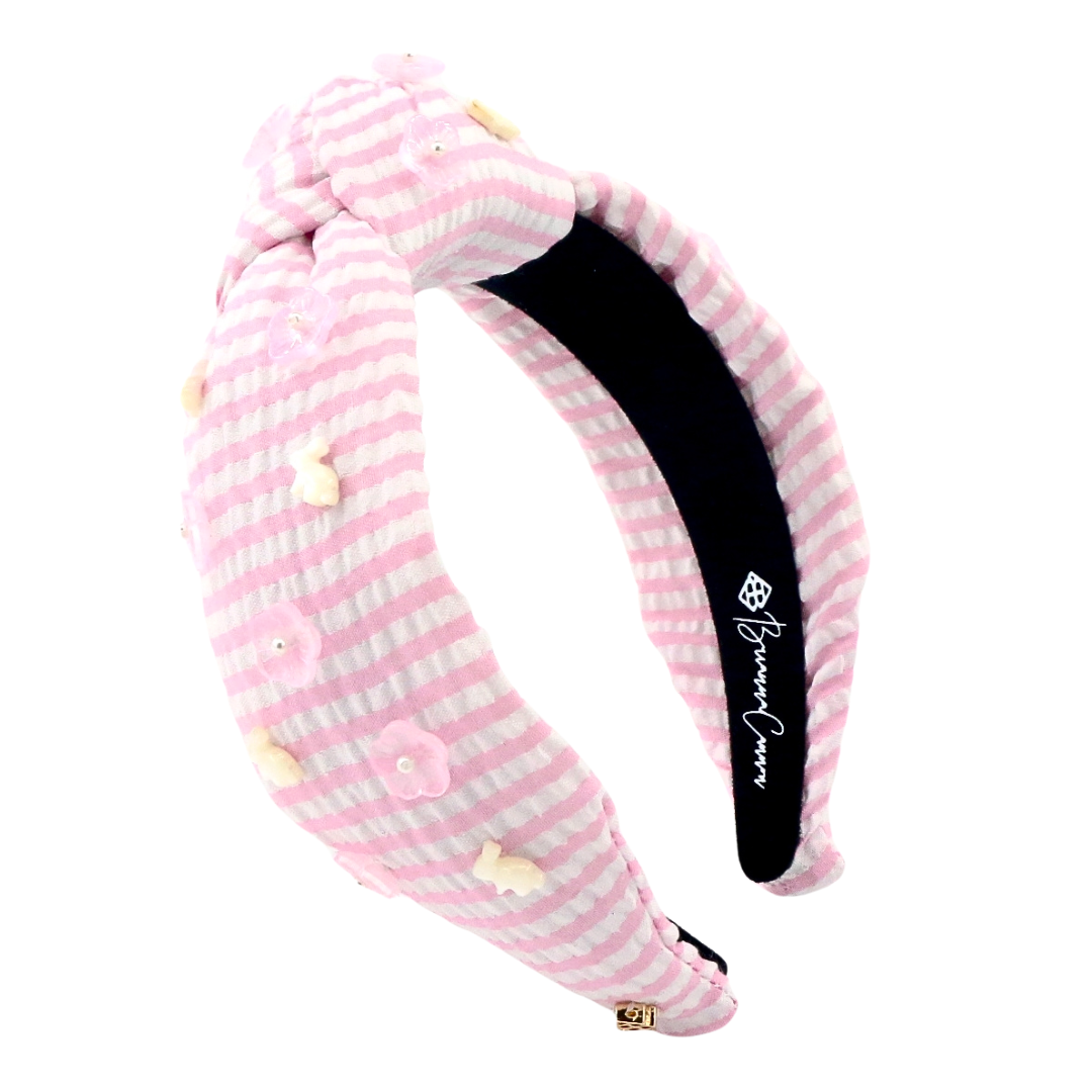 Adult Size Pink Seersucker Headband with Mother of Pearl Bunnies