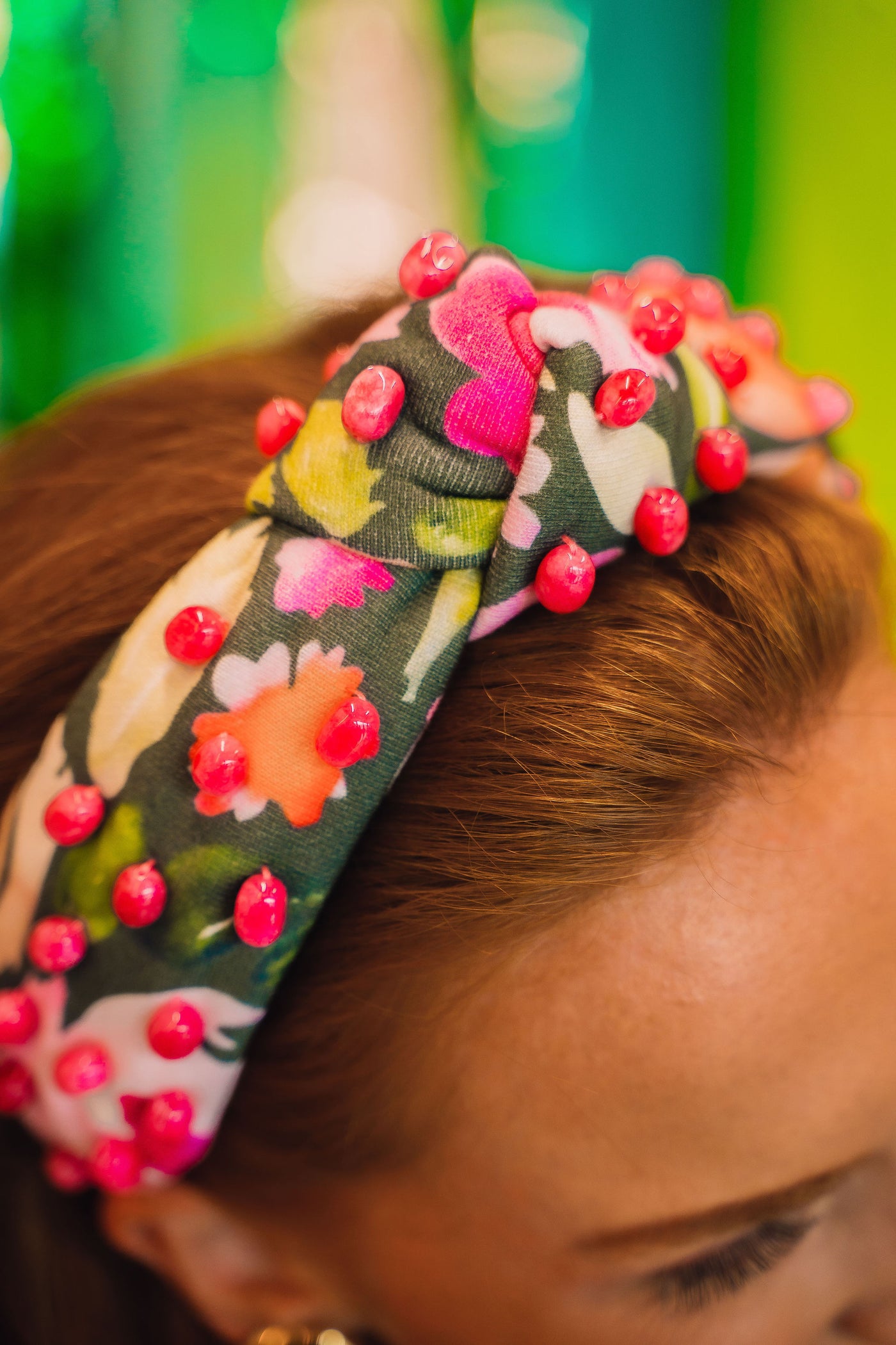 Adult Size Mossy Floral Headband with Pink Beads