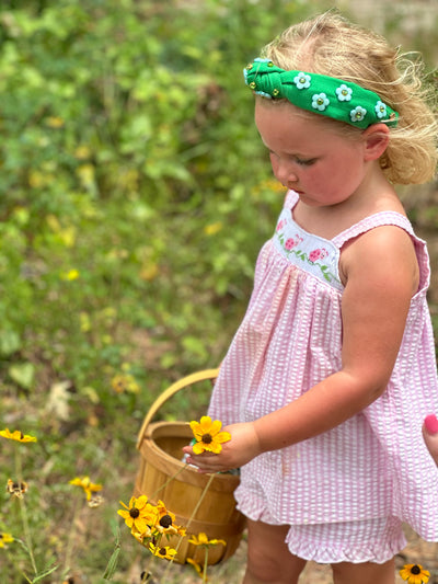 Child Size Green Twill Headband with Blue Flowers