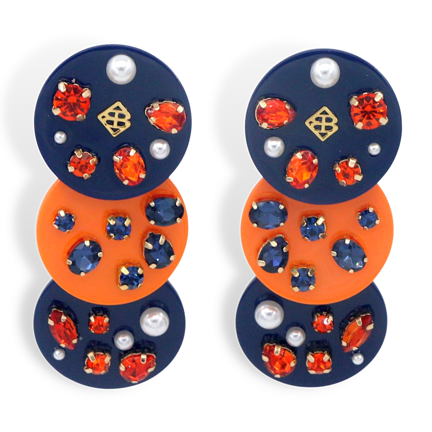 Navy Blue and Orange Triple Dot Earrings