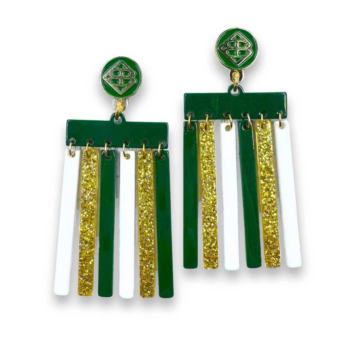 Gold Glitter, Green, and White Mod Dangle Earrings