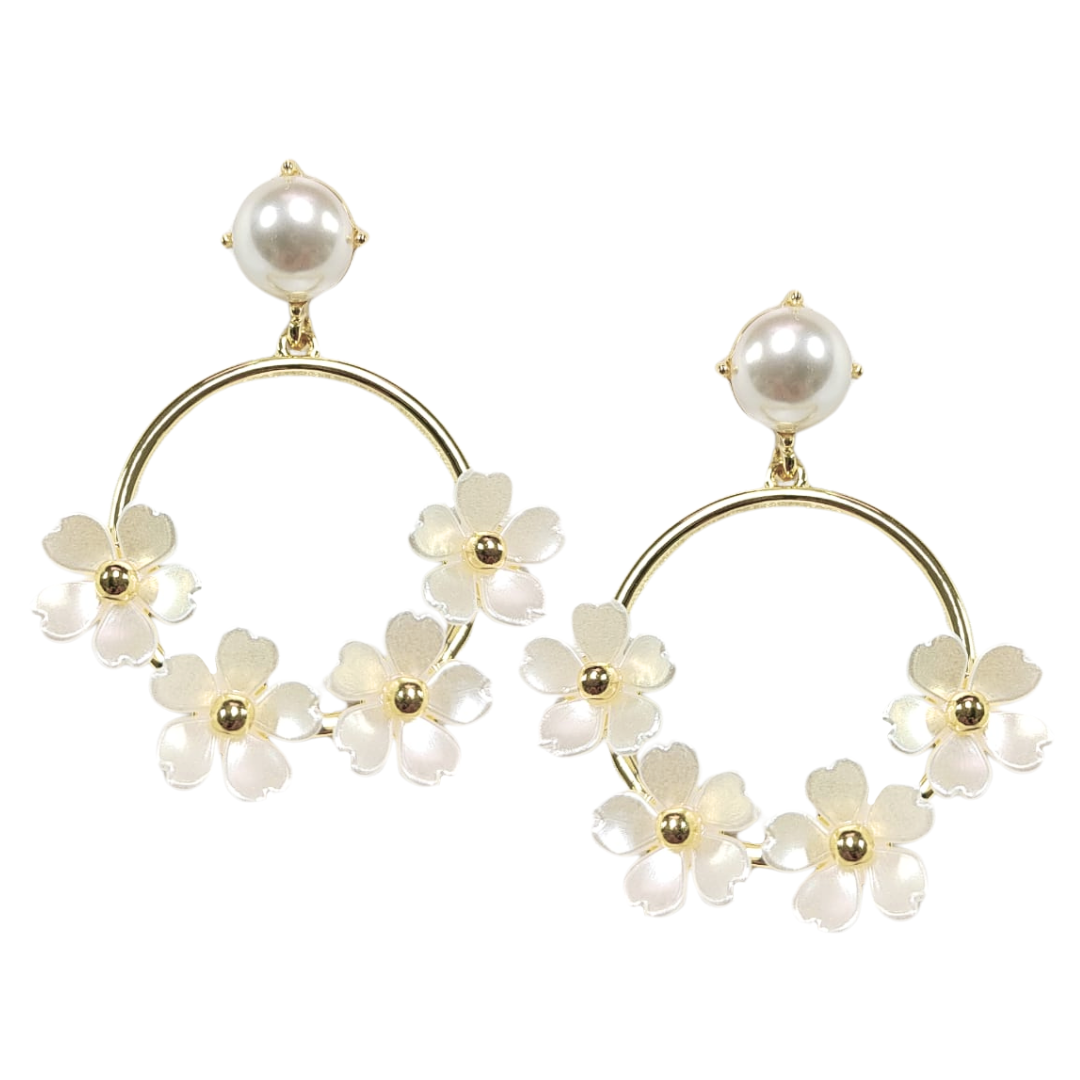 White Pearl Flower Drop Hoop Earrings