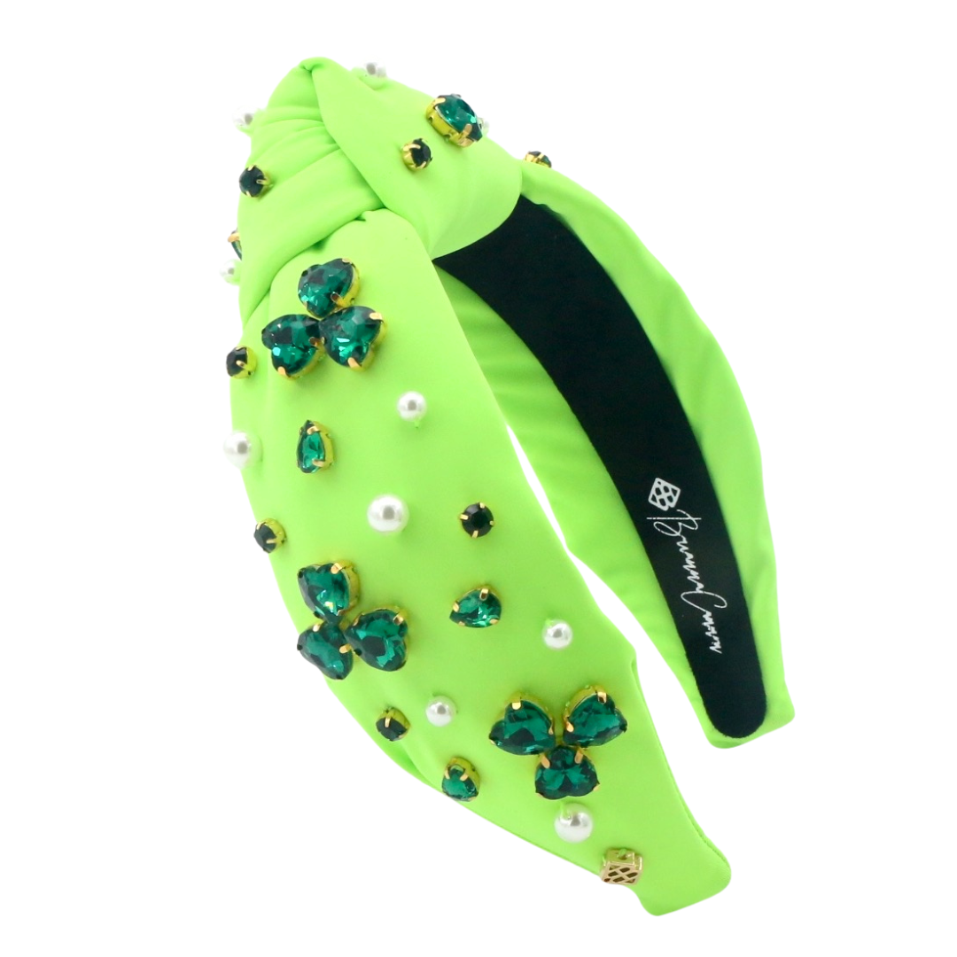 Adult Size Neon Green Headband with Crystal Shamrocks & Pearls