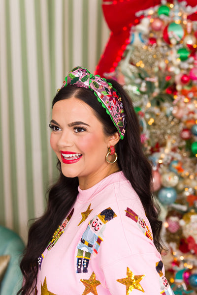 Pink Metallic Embroidered Poinsettia Headband