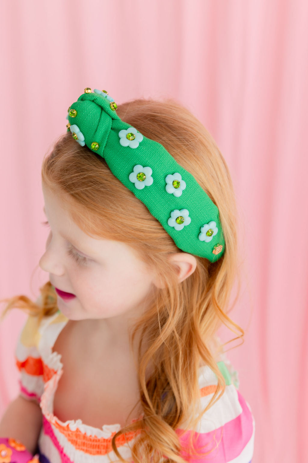 Child Size Green Twill Headband with Blue Flowers