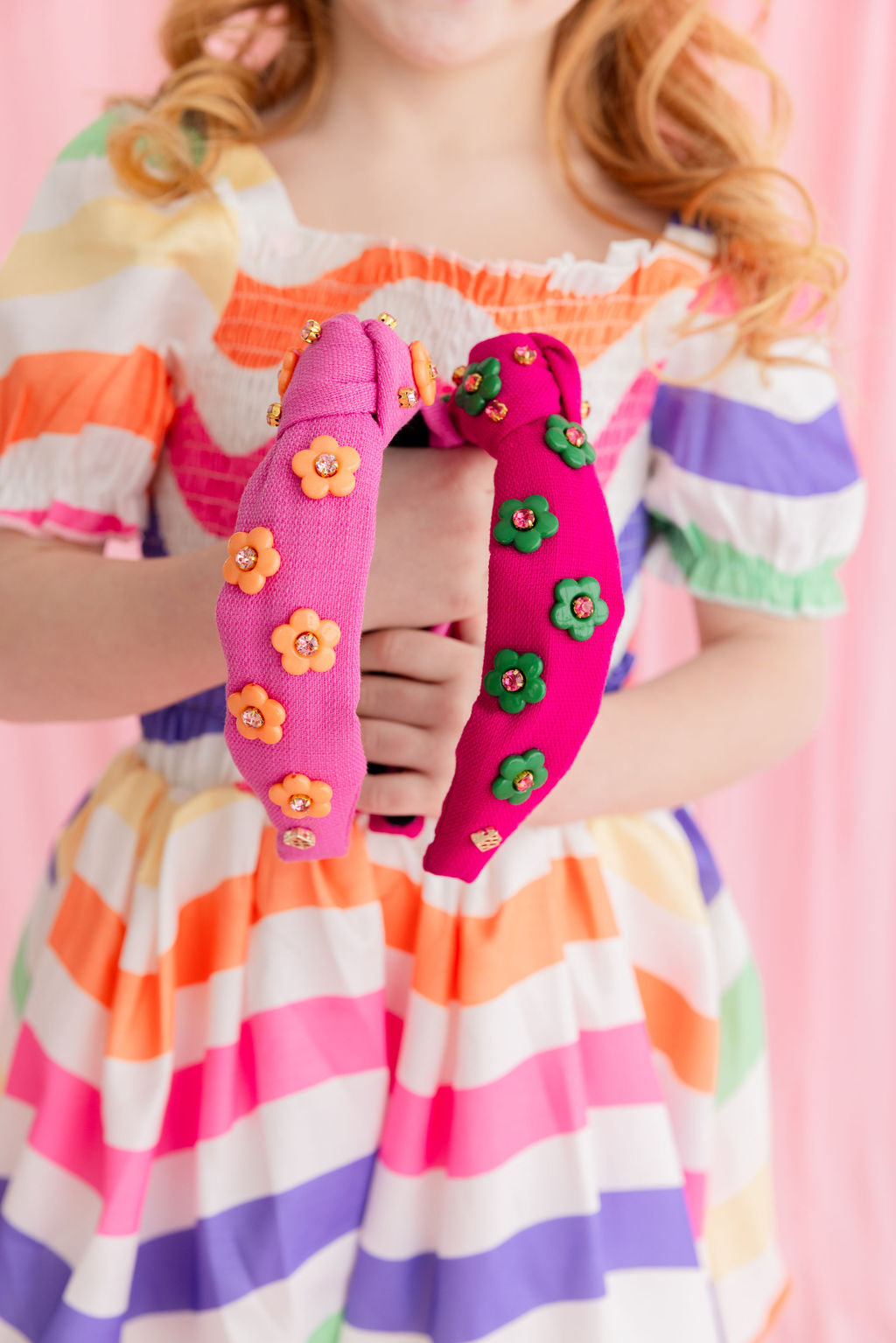 Child Size Magenta Twill Headband with Green Flowers