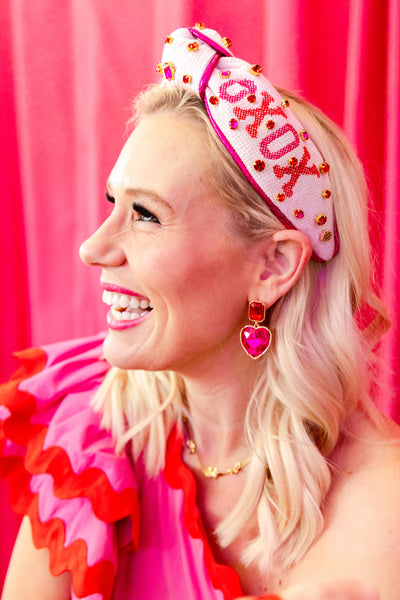 Pink Crystal Heart Earrings with Red  Crystal Top