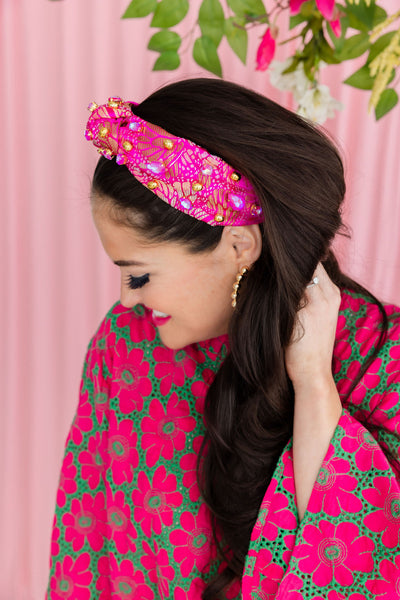 Adult Size Pink & Gold Floral Headband with Gold Beads & Pink Crystals