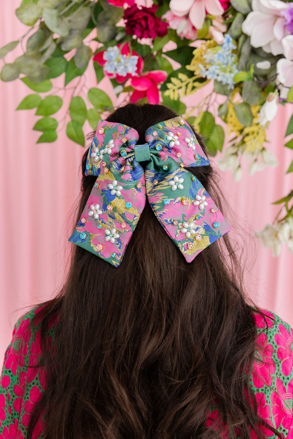 Green & Pink Brocade Bow Barrette with Pearl Flowers & Crystals