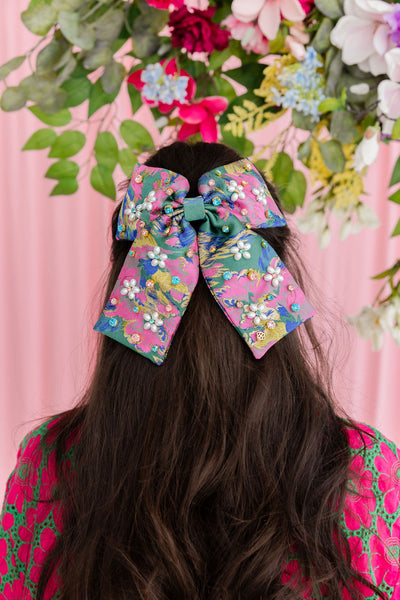 Green & Pink Brocade Bow Barrette with Pearl Flowers & Crystals