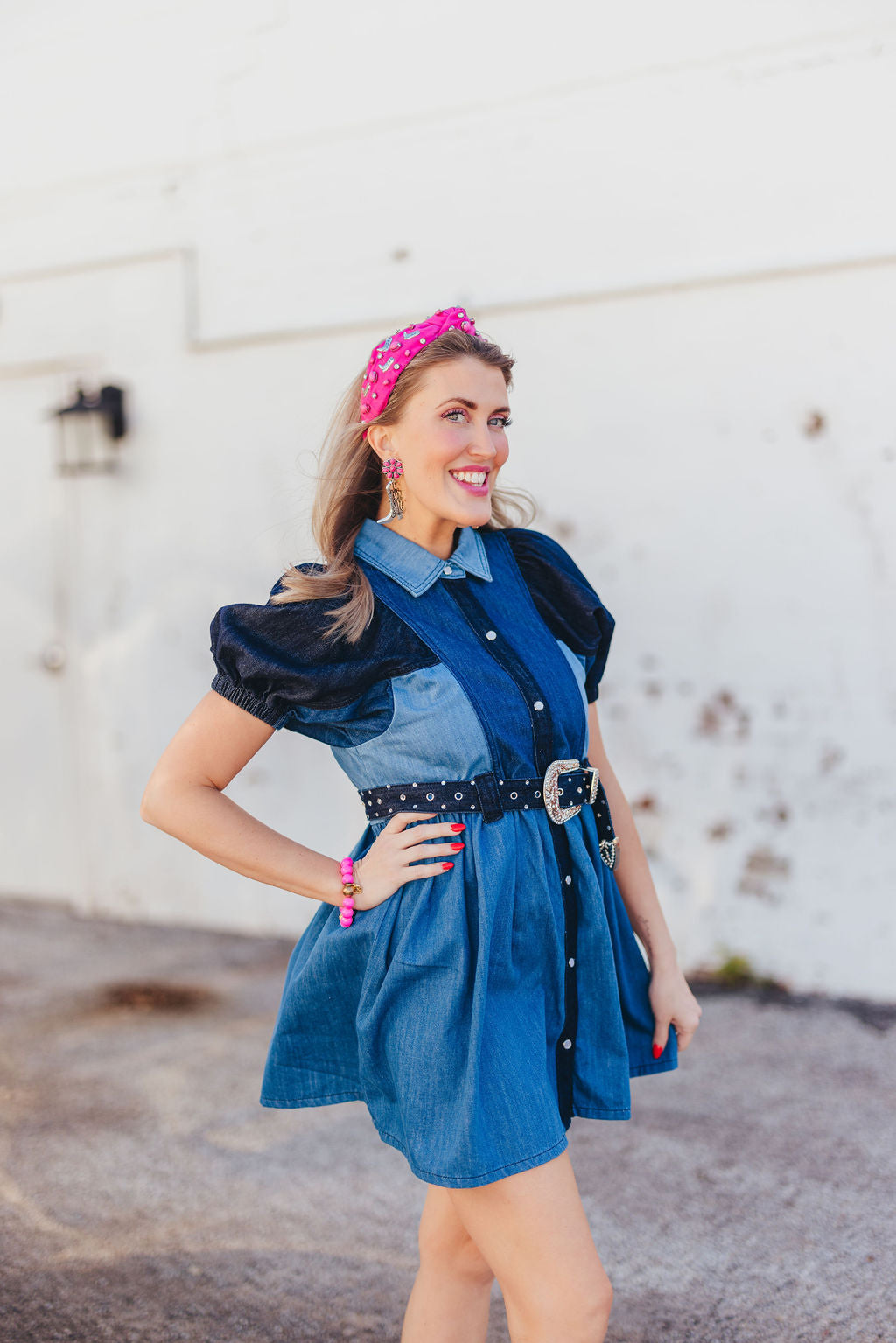 Patchwork Denim Dress with Belt