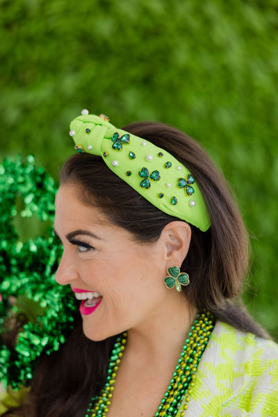 Adult Size Neon Green Headband with Crystal Shamrocks & Pearls