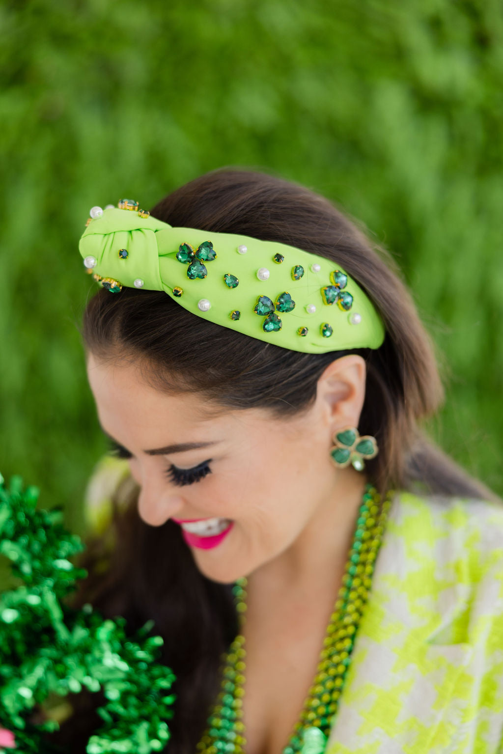 Adult Size Neon Green Headband with Crystal Shamrocks & Pearls