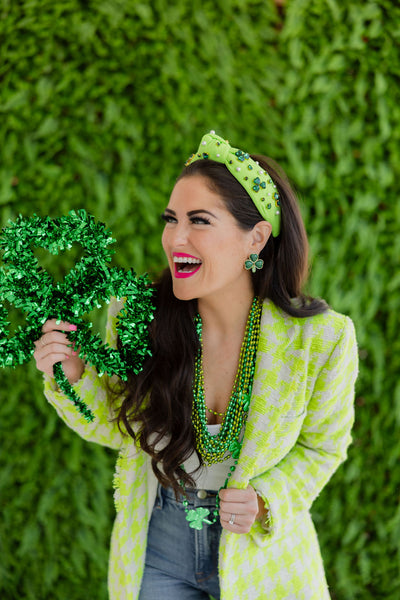 Adult Size Neon Green Headband with Crystal Shamrocks & Pearls