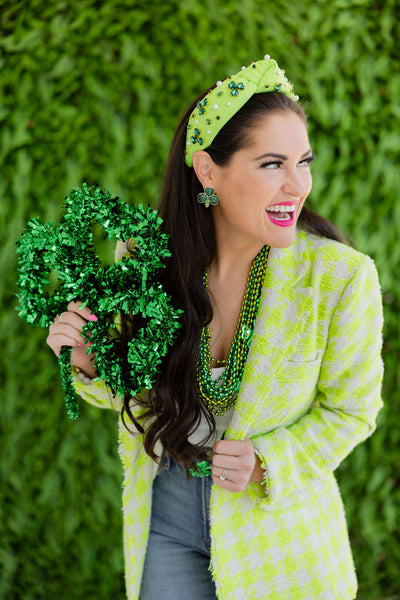 Adult Size Neon Green Headband with Crystal Shamrocks & Pearls