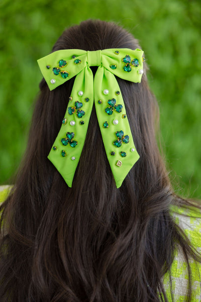 Neon Green Shamrock Crystal Bow Barrette