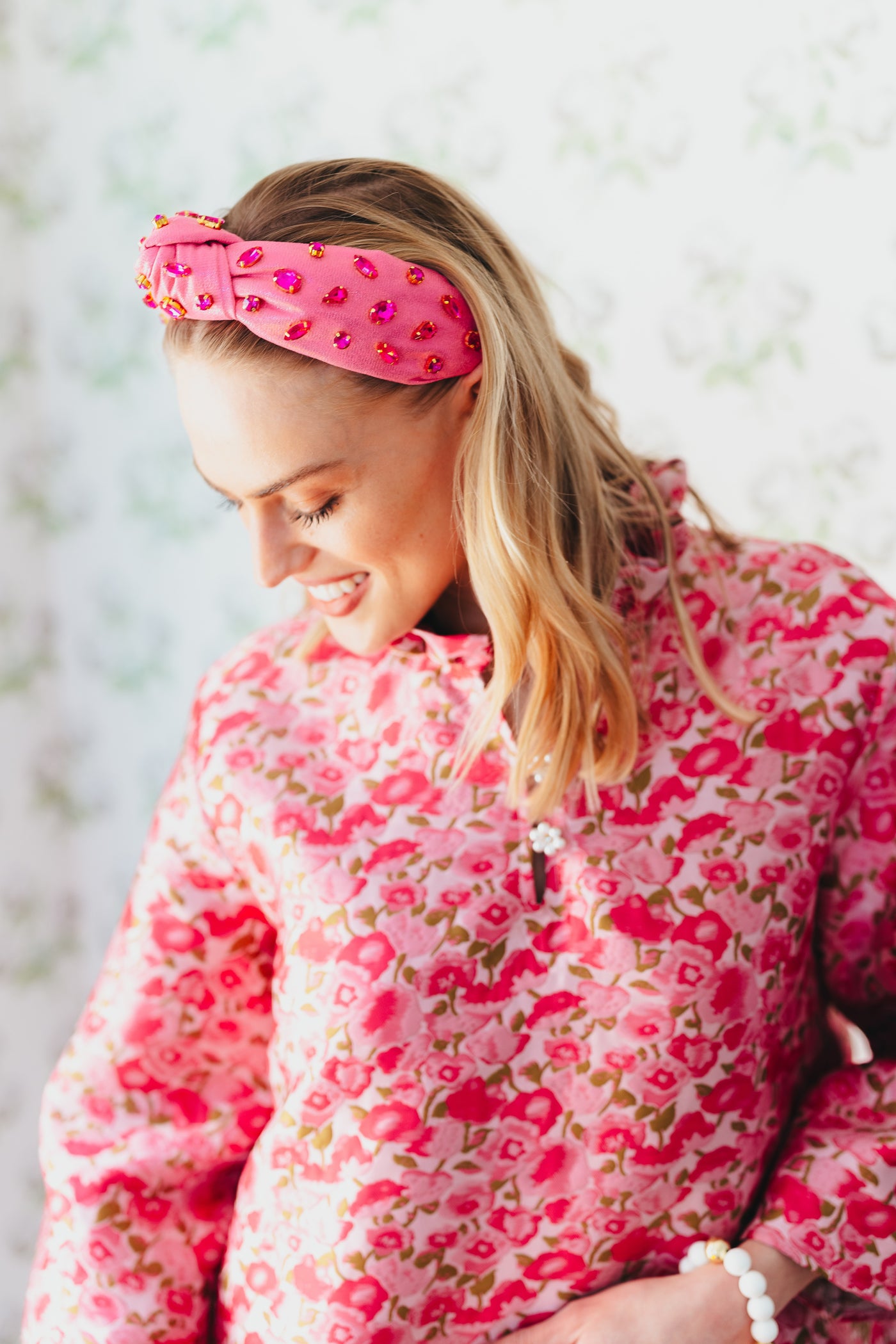 Adult Size Shimmer Headband with Hand-Sewn Crystals in Pink