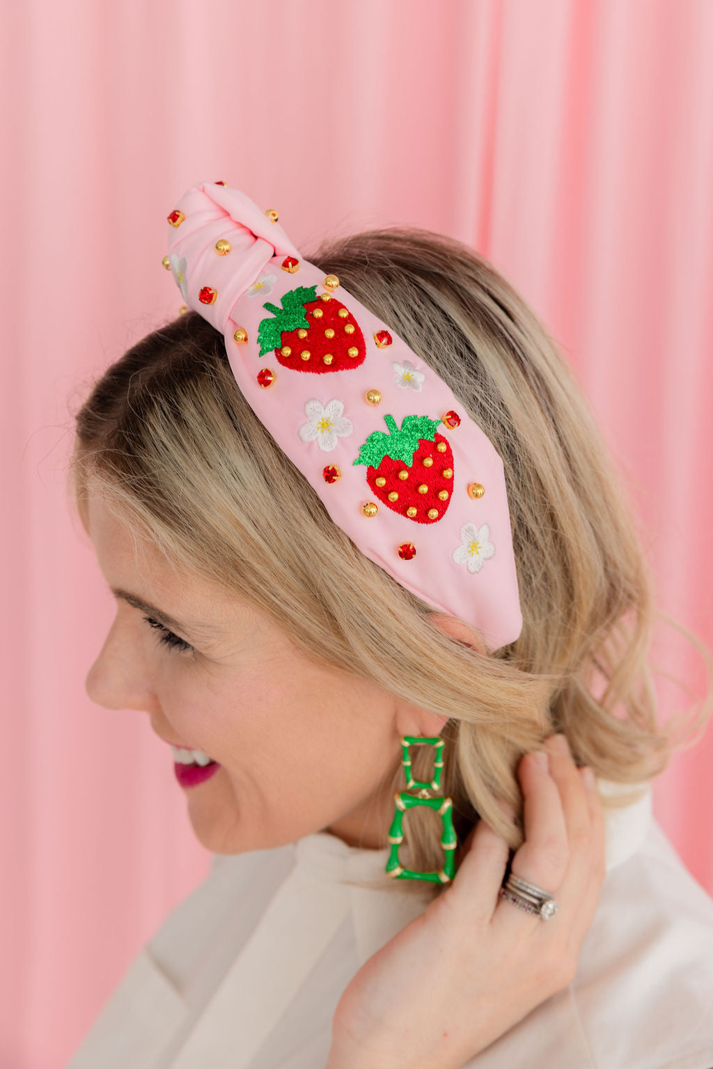 Adult Size Embroidered Strawberry Headband with Crystals & Beads