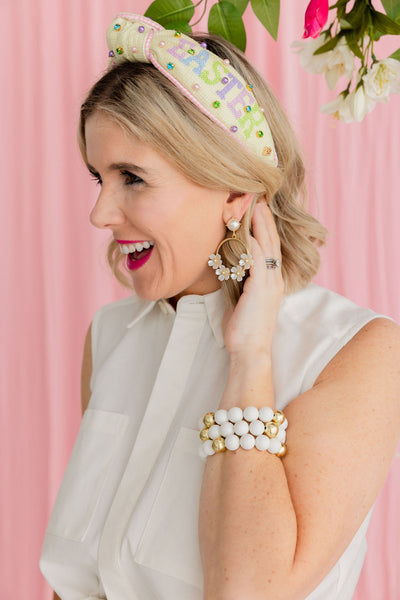 White Pearl Flower Drop Hoop Earrings