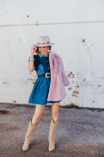 Dusty Pink Vegan Fur Coat with Floral Lining