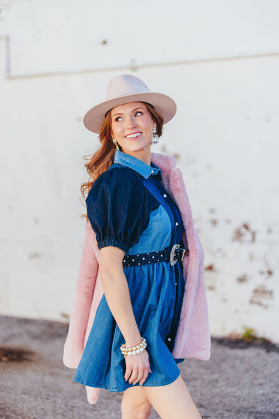 Patchwork Denim Dress with Belt