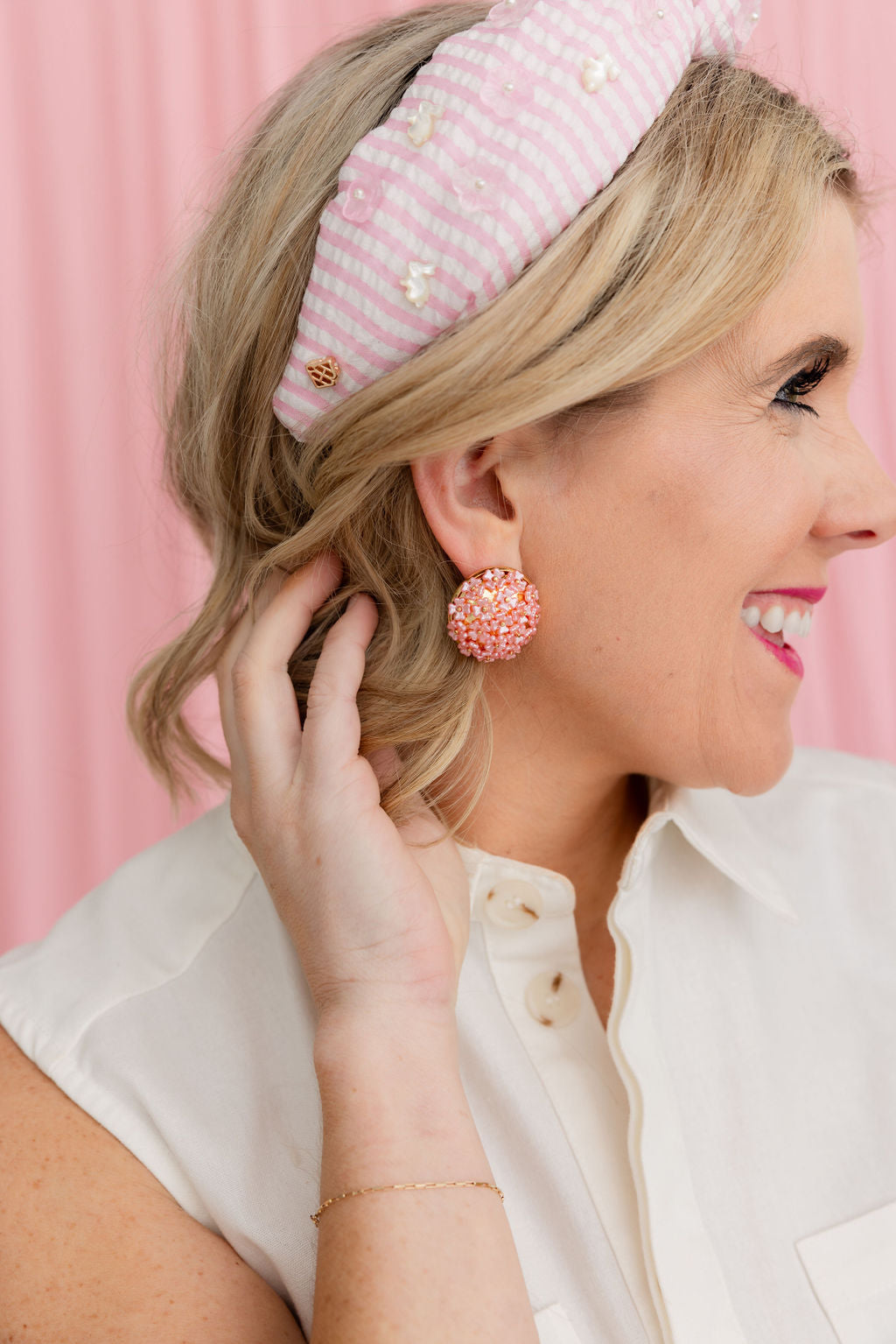 Adult Size Pink Seersucker Headband with Mother of Pearl Bunnies