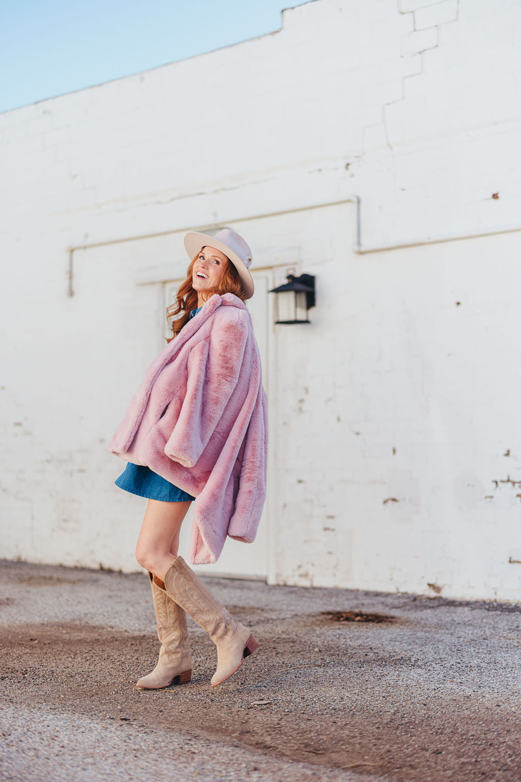 Dusty Pink Vegan Fur Coat with Floral Lining