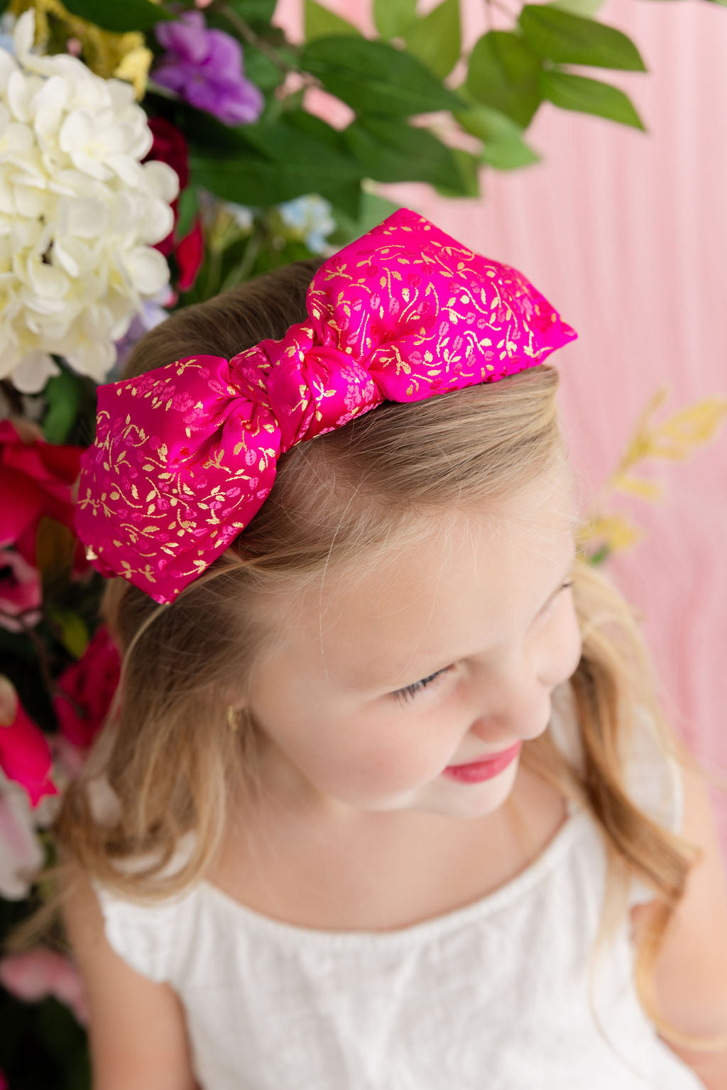 Child Size Pink & Gold Floral Side Bow Headband