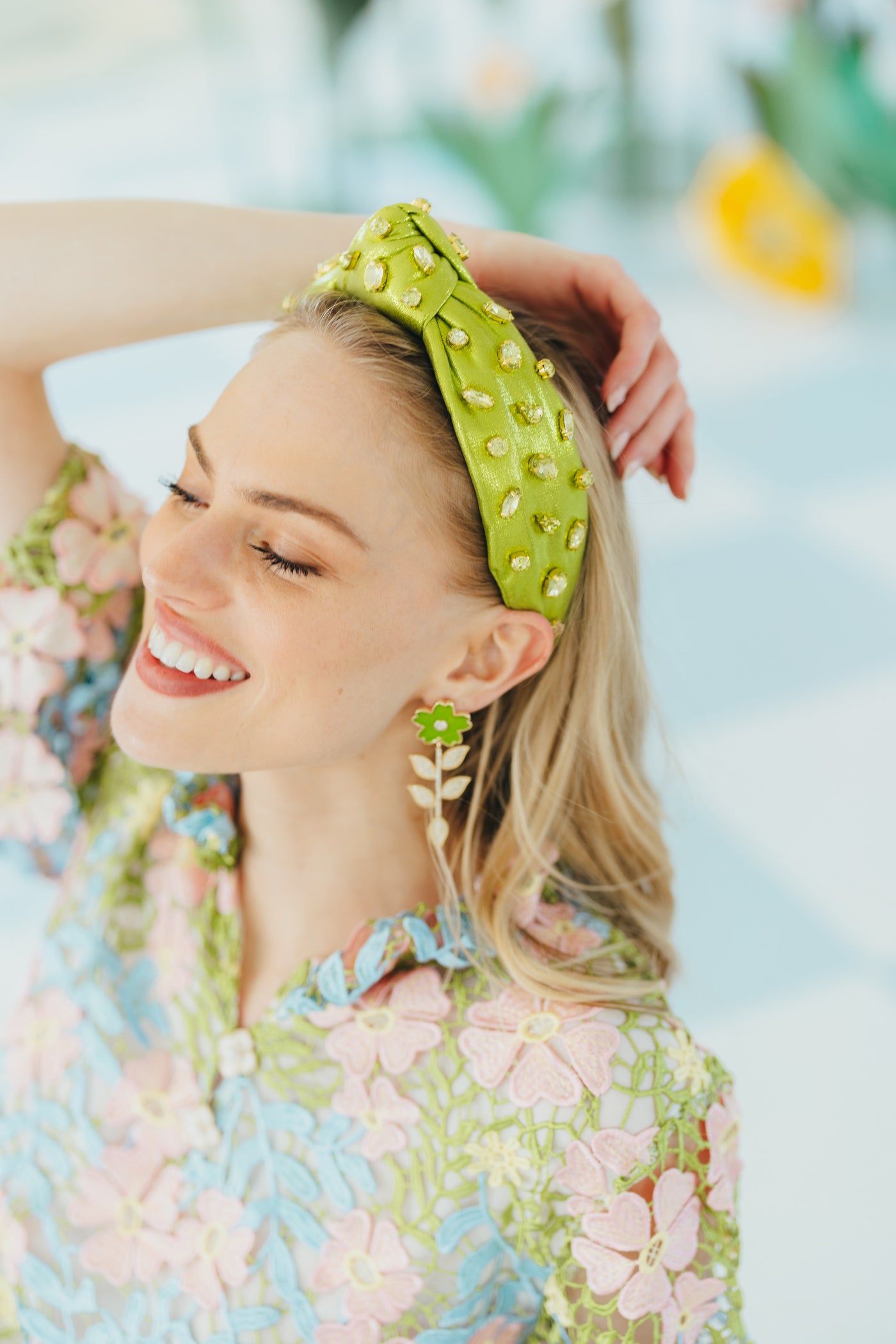 Adult Size Shimmer Headband with Hand-Sewn Crystals in Green