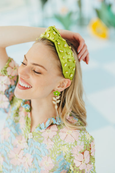 Adult Size Shimmer Headband with Hand-Sewn Crystals in Green