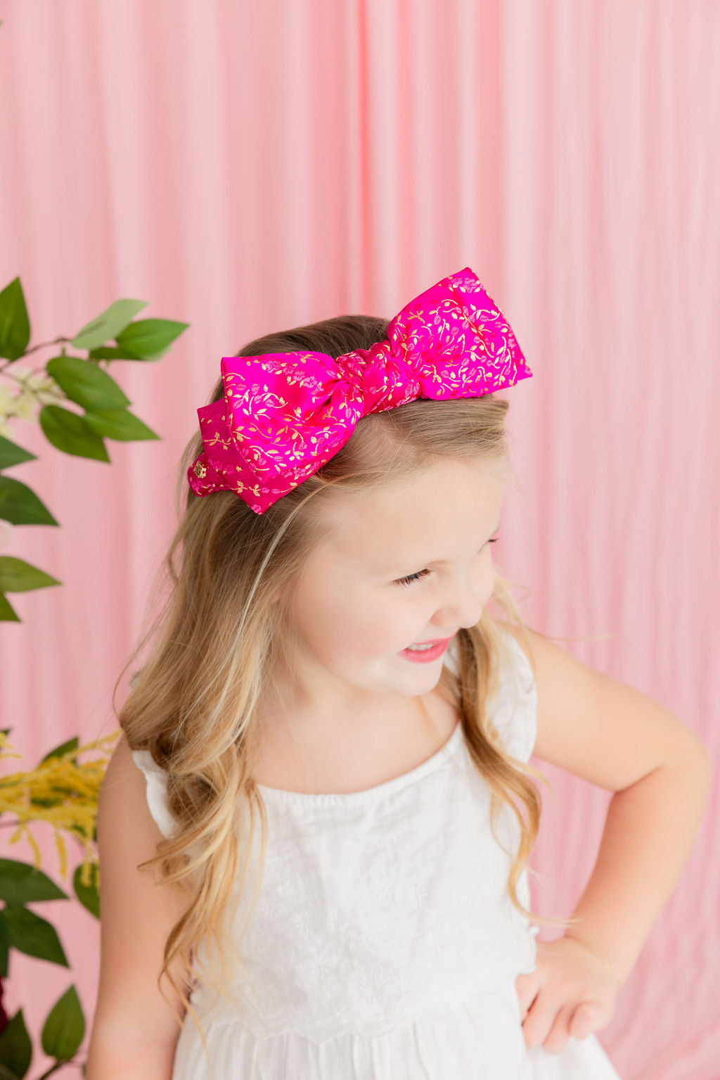 Child Size Pink & Gold Floral Side Bow Headband