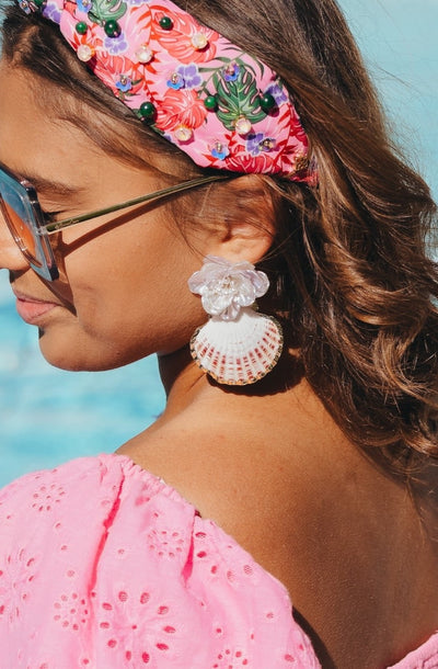 Shell Earrings with Pearly Blue Flower