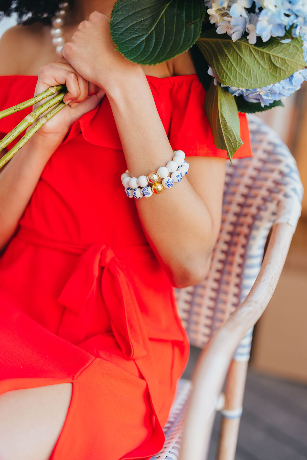 Blue and White Floral Beaded Brianna Bracelet