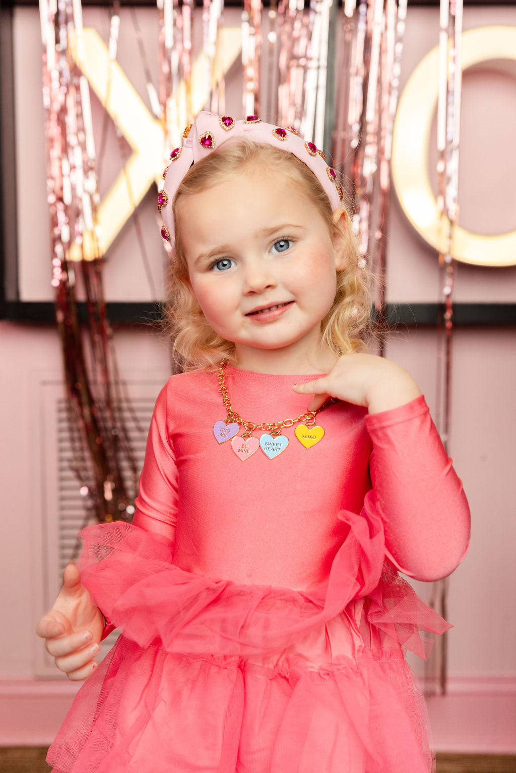 Child Size Light Pink Headband with Hot Pink Pavé Crystal Hearts