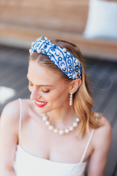 Adult Size Blue & White Mykonos Eyelet Headband