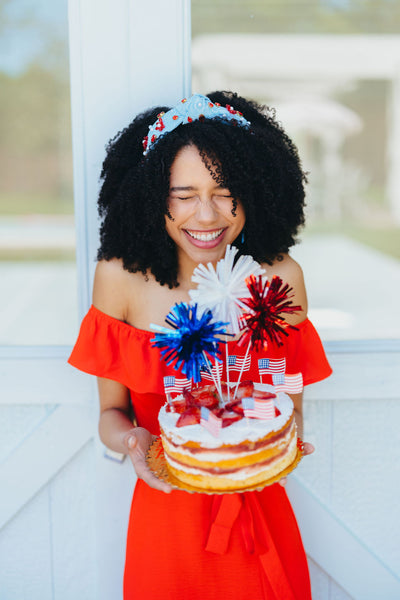 Adult Size Powder Blue Crochet Headband With Red Flowers & Pearls