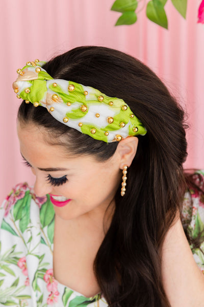 Adult Size Lime Green, White & Gold Headband With Gold Beads