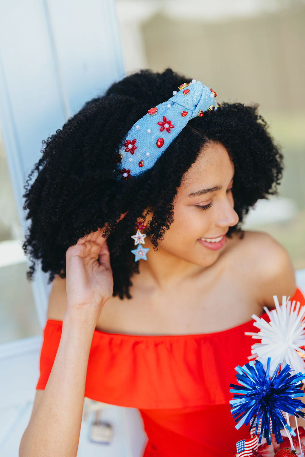 Adult Size Powder Blue Crochet Headband With Red Flowers & Pearls