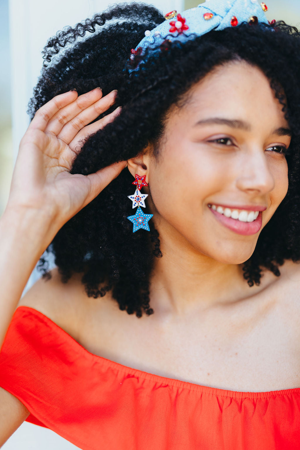 Red, White & Blue Star Earrings with Crystals and Pearls