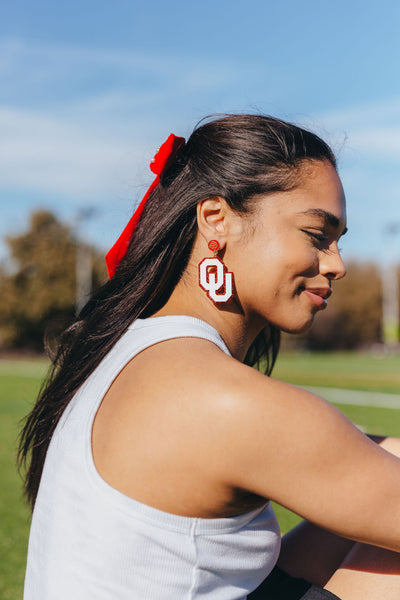 White and Crimson Glitter OU Earrings