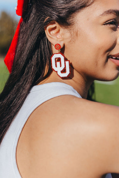 White and Crimson Glitter OU Earrings