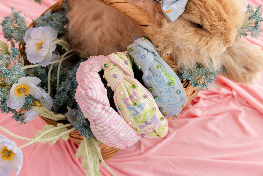 Adult Size Pink Seersucker Headband with Mother of Pearl Bunnies