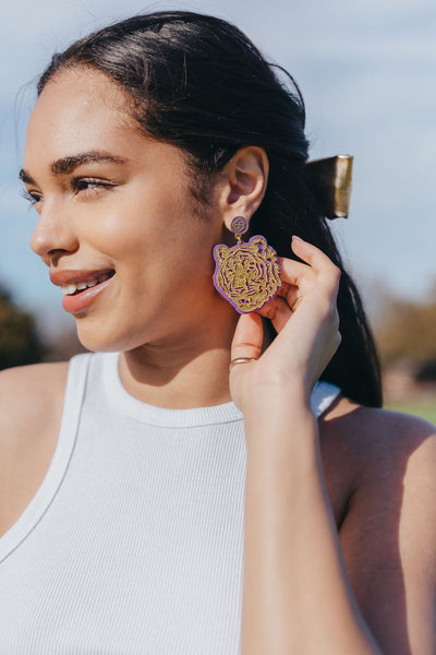 LSU Gold Glitter & Purple Tiger Earrings