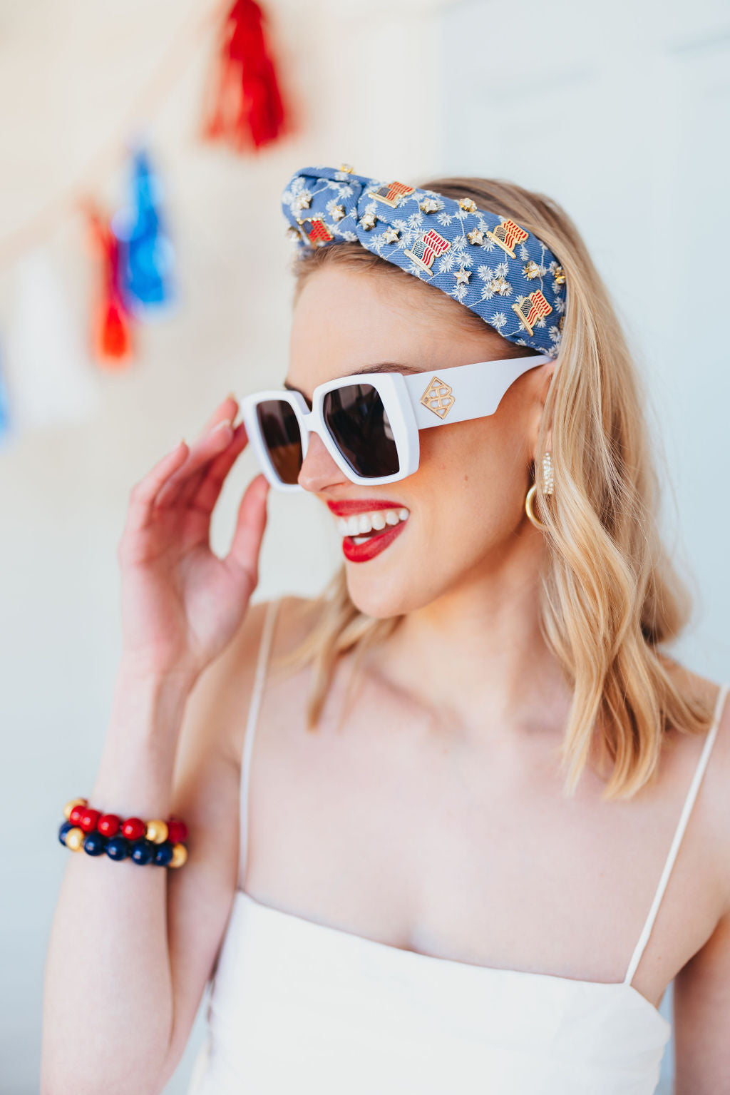 Denim Eyelet Headband with Flags & Stars