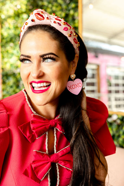 Pink Headband with Embroidered Lips and Crystals